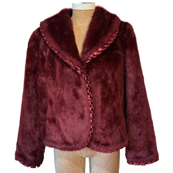 Jerry Lewis Luxuries Burgundy Faux Fur Coat Satin Ribbon Time Size Medium EUC - Picture 1 of 10
